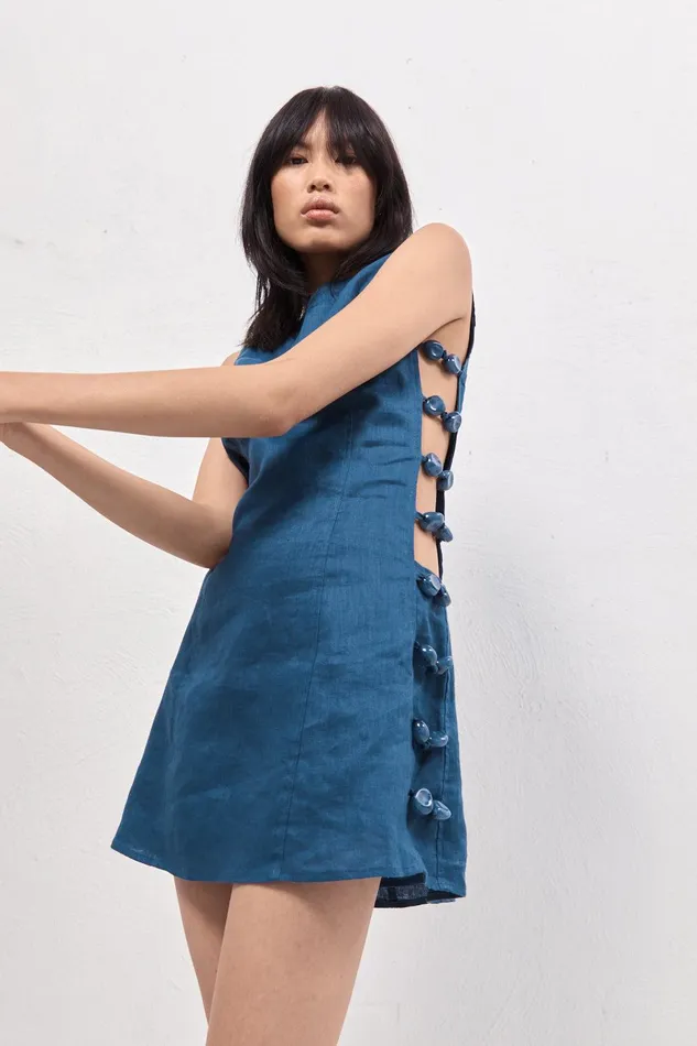 VRG GRL Tia Linen Mini Dress Navy Women Mini Dresses