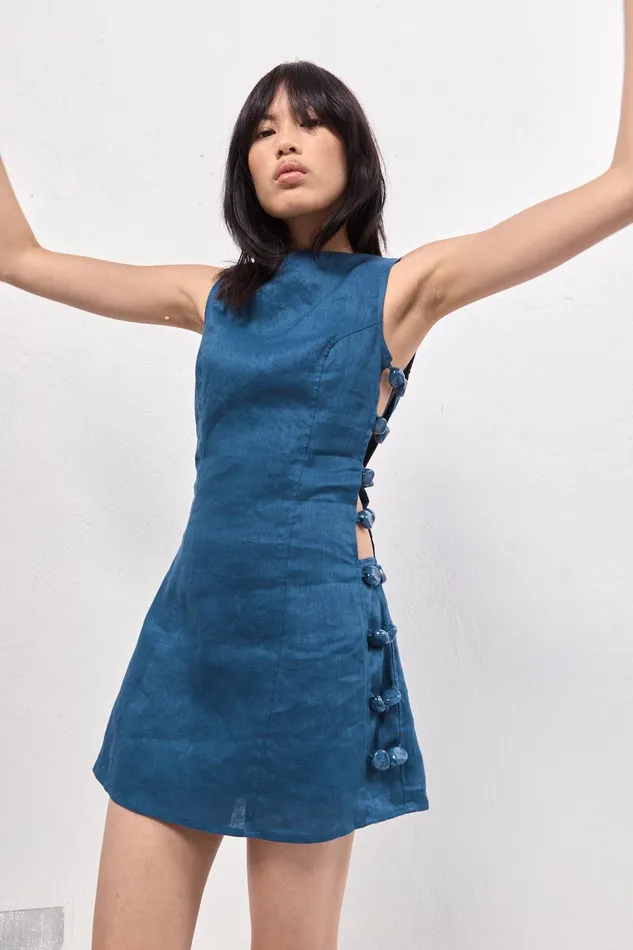 VRG GRL Tia Linen Mini Dress Navy Women Mini Dresses
