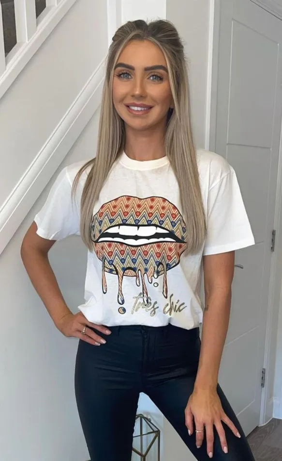White 039Tres Chic039 Lips Graphic TShirt Women Missfiga Tops