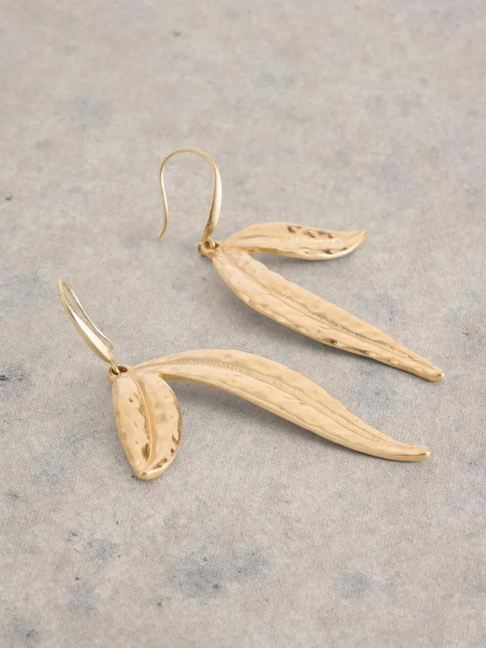 Women Ally Leaf Drop Earring Gold Tone Metallic White Stuff Jewellery