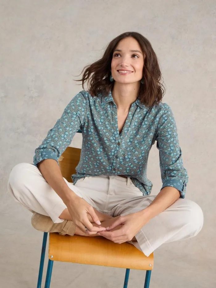 Women ANNIE JERSEY LONG SLEEVE SHIRT Teal Print White Stuff Shirts and Blouses