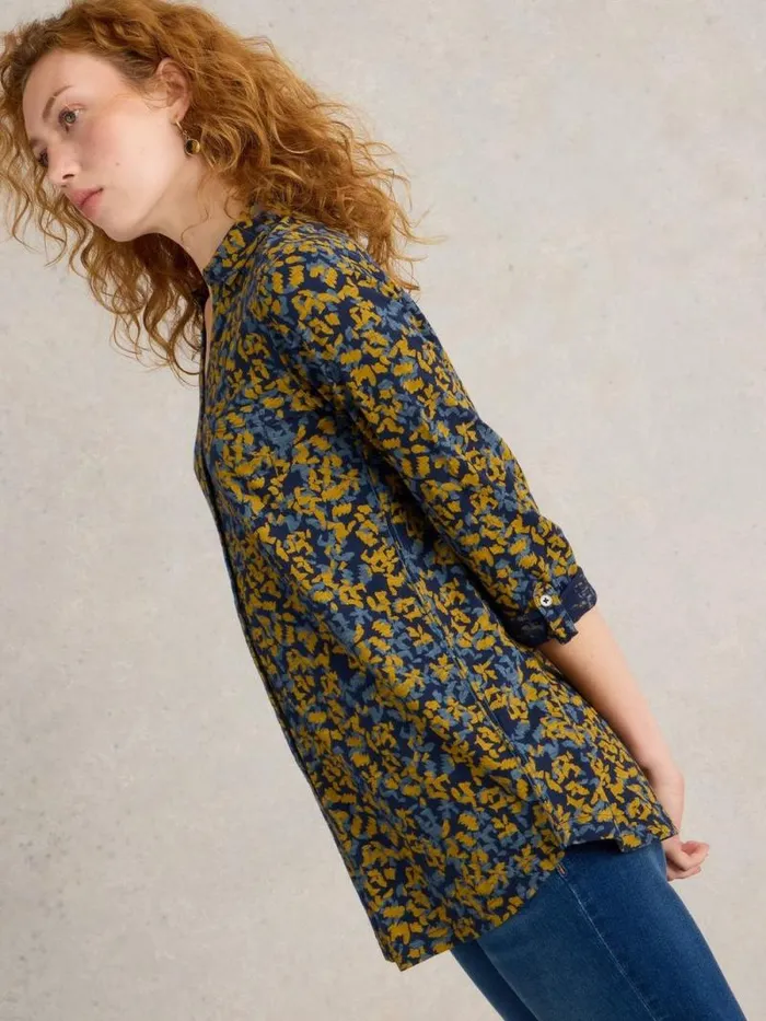 Women ANNIE LONGLINE COLLARED SHIRT Navy Print White Stuff Shirts and Blouses