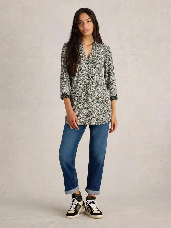 Women ANNIE LONGLINE SHIRT Black Print White Stuff Shirts and Blouses