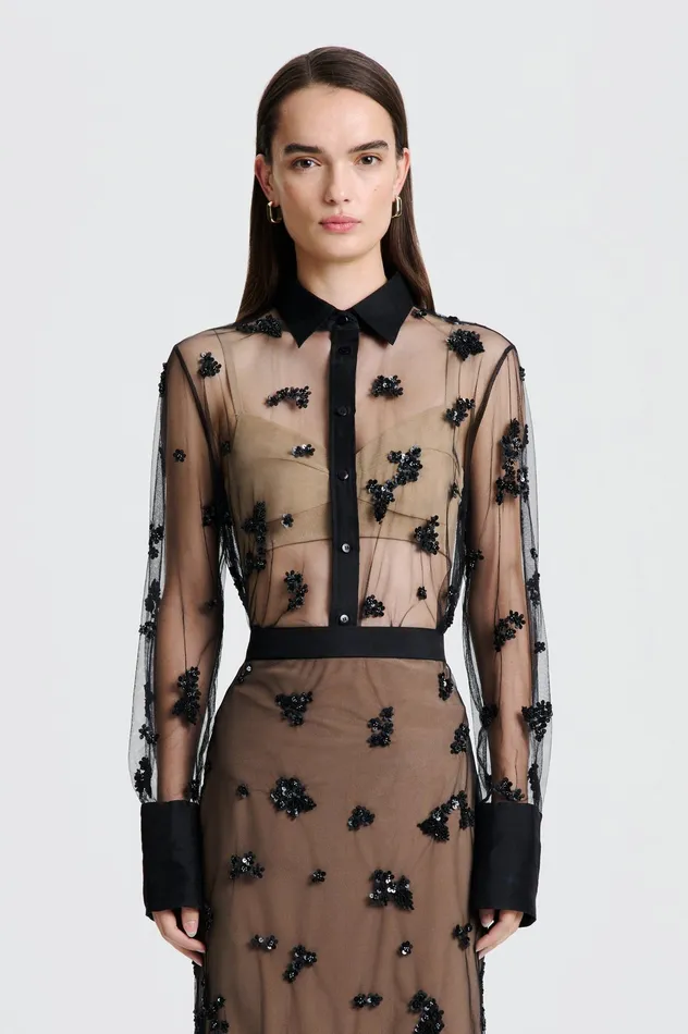 Women BEADED TULLE SHIRT BLACK Shirts Scanlan Theodore Women BEADED TULLE SHIRT BLACK Shirts Scanlan Theodore