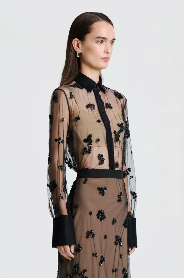 Women BEADED TULLE SHIRT BLACK Shirts Scanlan Theodore Women BEADED TULLE SHIRT BLACK Shirts Scanlan Theodore