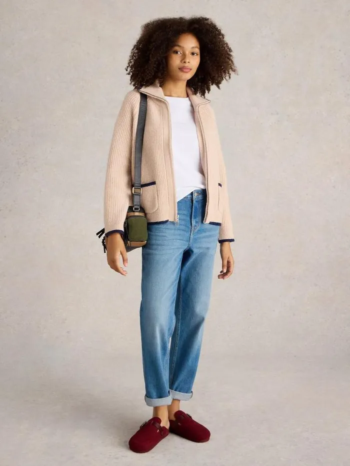 Women BETTY ZIP THROUGH BOMBER Light Natural White Stuff Knitwear