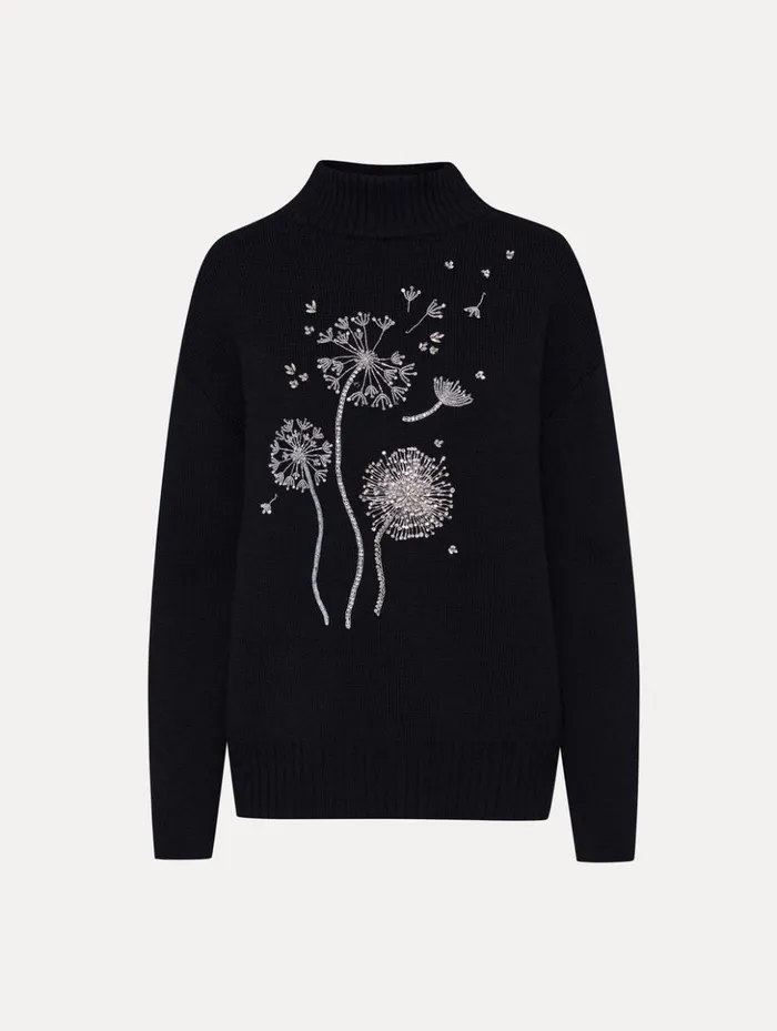 Women Blouses and Knits Oscar De La Renta Dandelion Crystal Embroidered Pullover Charcoal