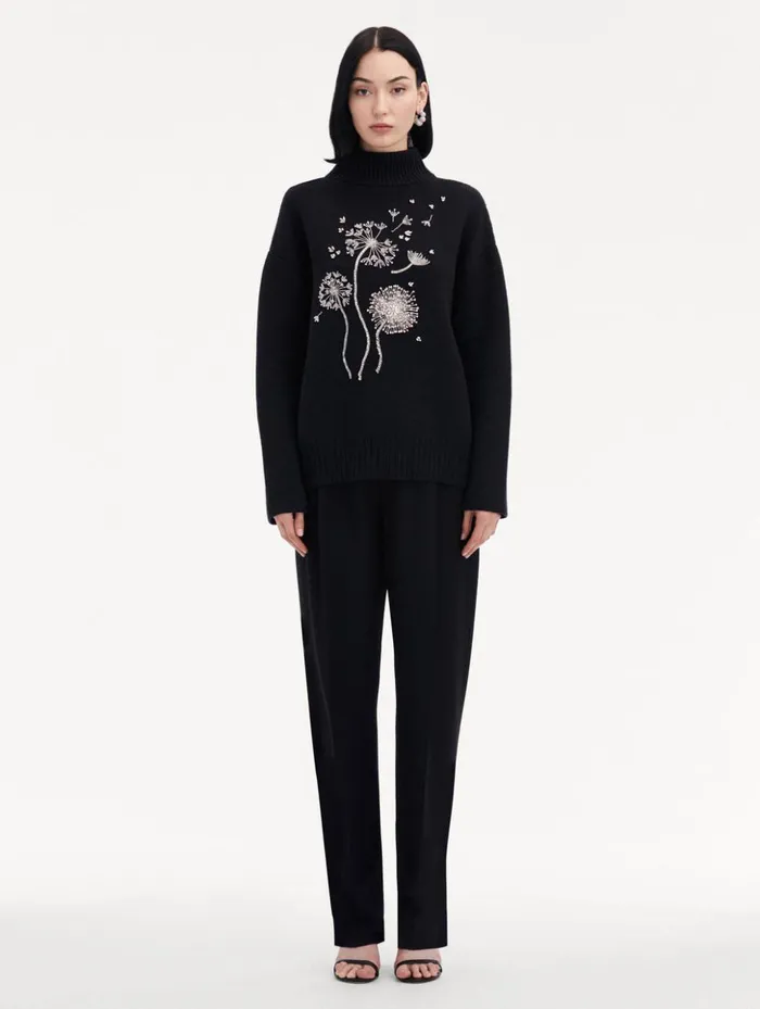 Women Blouses and Knits Oscar De La Renta Dandelion Crystal Embroidered Pullover Charcoal Women Blouses and Knits Oscar De La Renta Dandelion Crystal Embroidered Pullover Charcoal