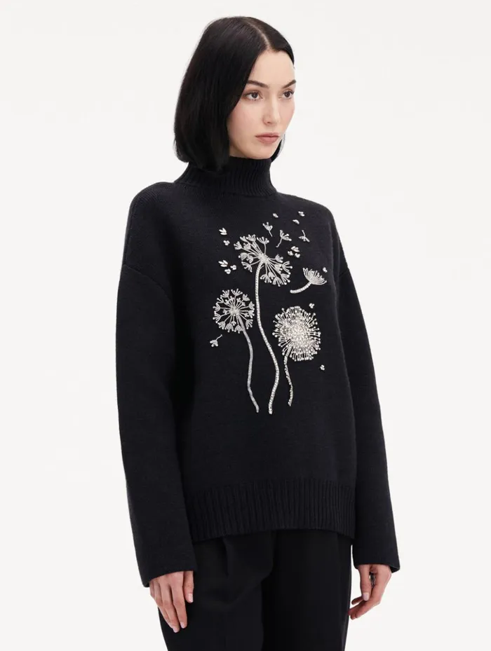 Women Blouses and Knits Oscar De La Renta Dandelion Crystal Embroidered Pullover Charcoal Women Blouses and Knits Oscar De La Renta Dandelion Crystal Embroidered Pullover Charcoal