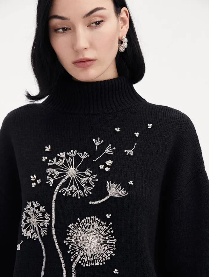 Women Blouses and Knits Oscar De La Renta Dandelion Crystal Embroidered Pullover Charcoal Women Blouses and Knits Oscar De La Renta Dandelion Crystal Embroidered Pullover Charcoal