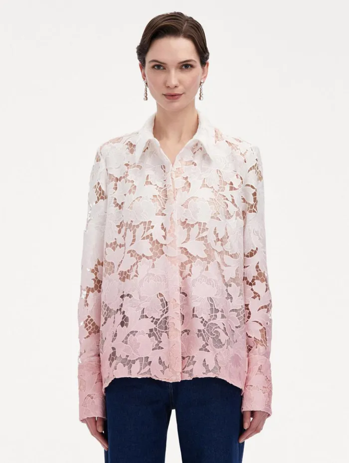 Women Blouses and Knits Oscar De La Renta Ombr Peony Guipure Blouse Soft Pink Women Blouses and Knits Oscar De La Renta Ombr Peony Guipure Blouse Soft Pink