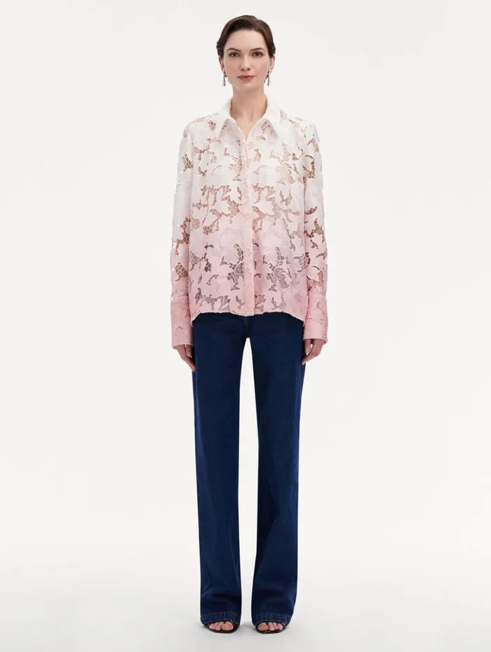 Women Blouses and Knits Oscar De La Renta Ombr Peony Guipure Blouse Soft Pink Women Blouses and Knits Oscar De La Renta Ombr Peony Guipure Blouse Soft Pink