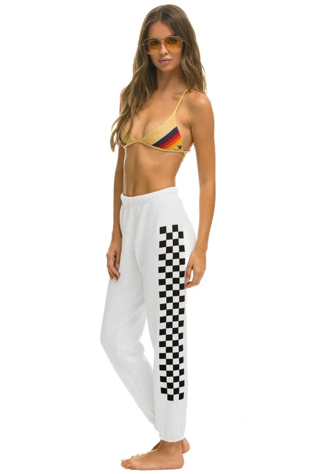 Women Bottoms Aviator Nation CHECK LEG SWEATPANTS 8211 WHITE