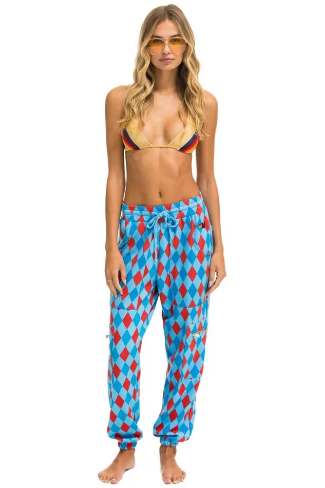 Women Bottoms Aviator Nation DIAMOND REPEAT SMILEY 2 EMBROIDERY CARGO COLOR BLOCK SWEATPANTS 8211 SKY