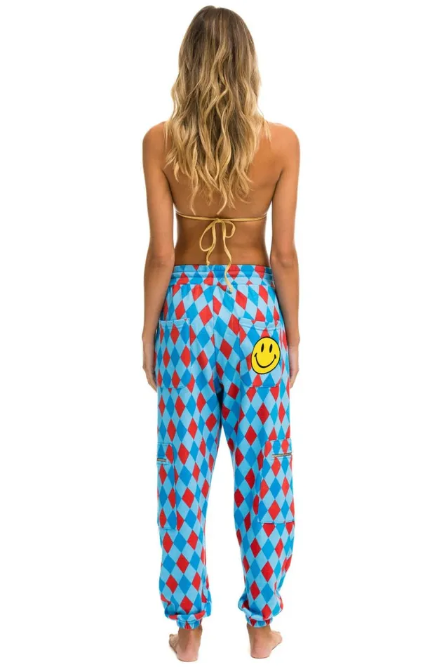 Women Bottoms Aviator Nation DIAMOND REPEAT SMILEY 2 EMBROIDERY CARGO COLOR BLOCK SWEATPANTS 8211 SKY Women Bottoms Aviator Nation DIAMOND REPEAT SMILEY 2 EMBROIDERY CARGO COLOR BLOCK SWEATPANTS 8211 SKY
