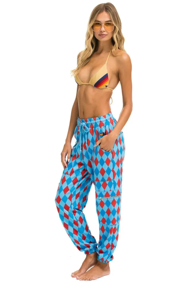 Women Bottoms Aviator Nation DIAMOND REPEAT SMILEY 2 EMBROIDERY CARGO COLOR BLOCK SWEATPANTS 8211 SKY Women Bottoms Aviator Nation DIAMOND REPEAT SMILEY 2 EMBROIDERY CARGO COLOR BLOCK SWEATPANTS 8211 SKY