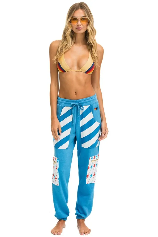 Women Bottoms Aviator Nation PALM BOLT STRIPE CARGO COLOR BLOCK SWEATPANTS 8211 OCEAN NEON YELLOW