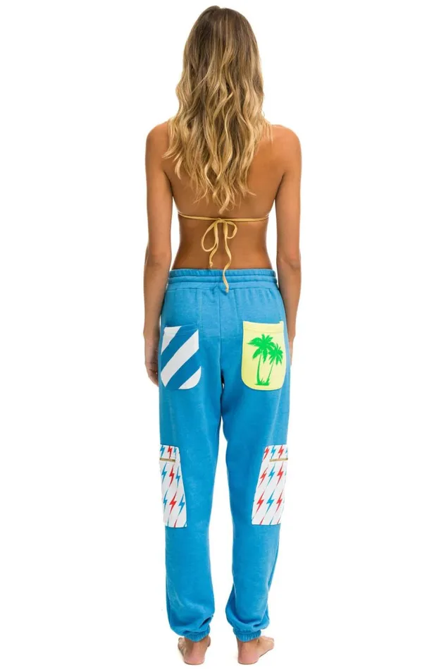 Women Bottoms Aviator Nation PALM BOLT STRIPE CARGO COLOR BLOCK SWEATPANTS 8211 OCEAN NEON YELLOW Women Bottoms Aviator Nation PALM BOLT STRIPE CARGO COLOR BLOCK SWEATPANTS 8211 OCEAN NEON YELLOW