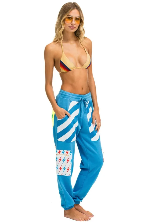 Women Bottoms Aviator Nation PALM BOLT STRIPE CARGO COLOR BLOCK SWEATPANTS 8211 OCEAN NEON YELLOW Women Bottoms Aviator Nation PALM BOLT STRIPE CARGO COLOR BLOCK SWEATPANTS 8211 OCEAN NEON YELLOW