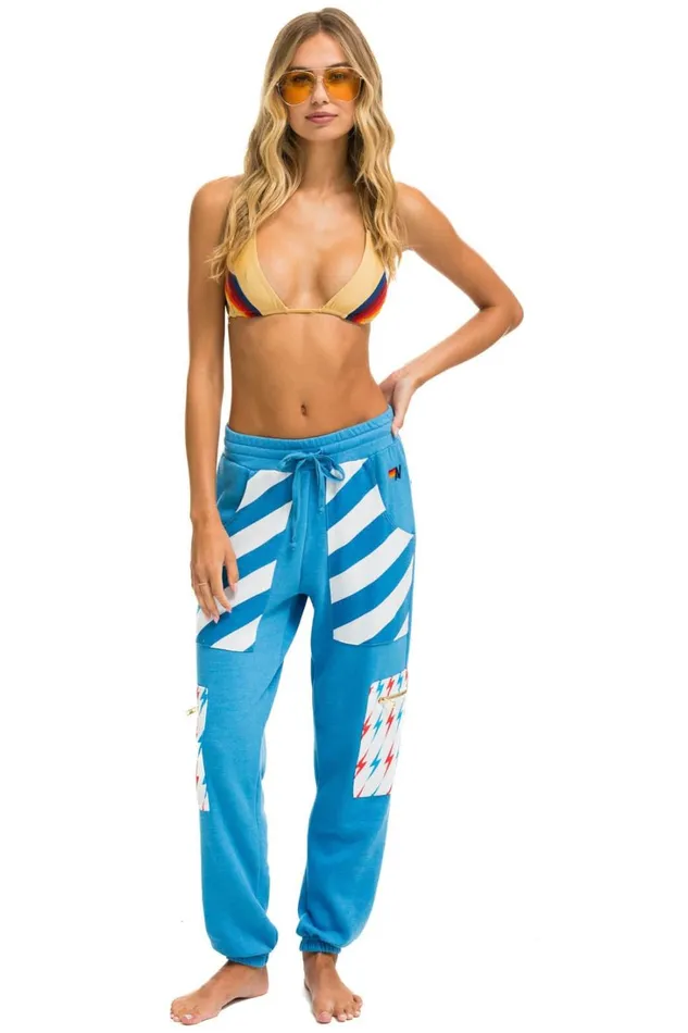 Women Bottoms Aviator Nation PALM BOLT STRIPE CARGO COLOR BLOCK SWEATPANTS 8211 OCEAN NEON YELLOW Women Bottoms Aviator Nation PALM BOLT STRIPE CARGO COLOR BLOCK SWEATPANTS 8211 OCEAN NEON YELLOW