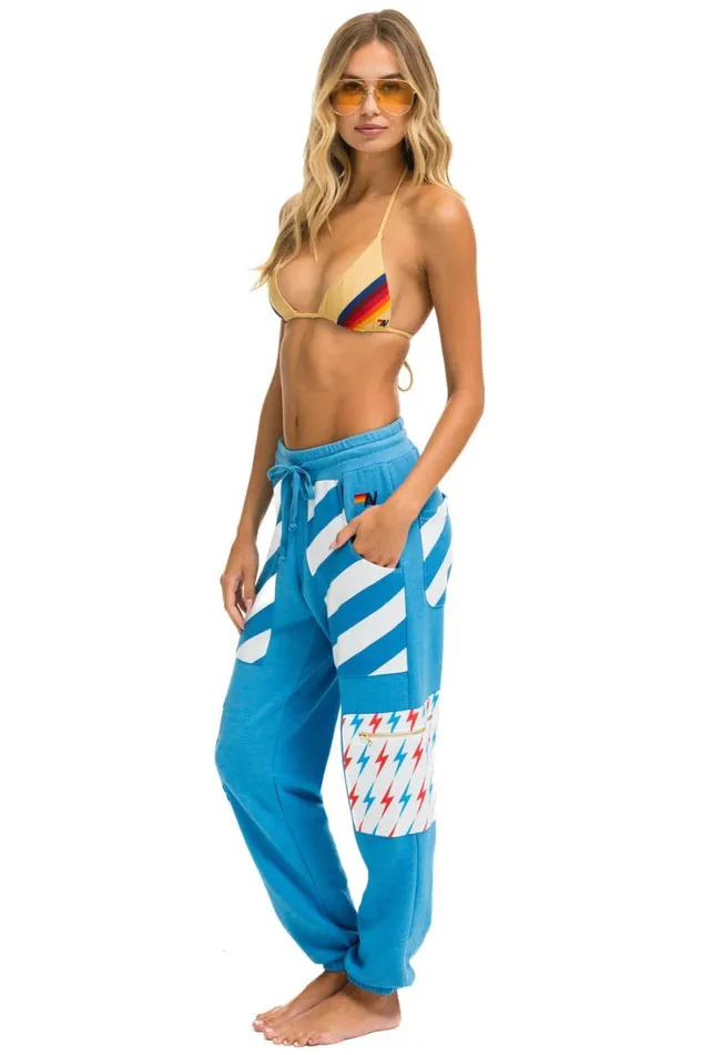 Women Bottoms Aviator Nation PALM BOLT STRIPE CARGO COLOR BLOCK SWEATPANTS 8211 OCEAN NEON YELLOW Women Bottoms Aviator Nation PALM BOLT STRIPE CARGO COLOR BLOCK SWEATPANTS 8211 OCEAN NEON YELLOW