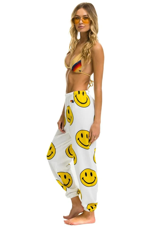Women Bottoms Aviator Nation SMILEY REPEAT SWEATPANTS 8211 WHITE Women Bottoms Aviator Nation SMILEY REPEAT SWEATPANTS 8211 WHITE