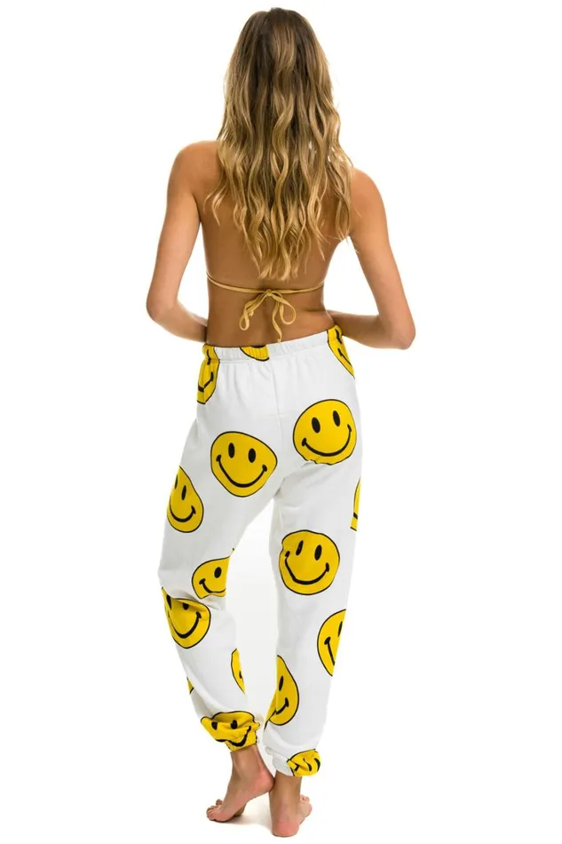 Women Bottoms Aviator Nation SMILEY REPEAT SWEATPANTS 8211 WHITE Women Bottoms Aviator Nation SMILEY REPEAT SWEATPANTS 8211 WHITE