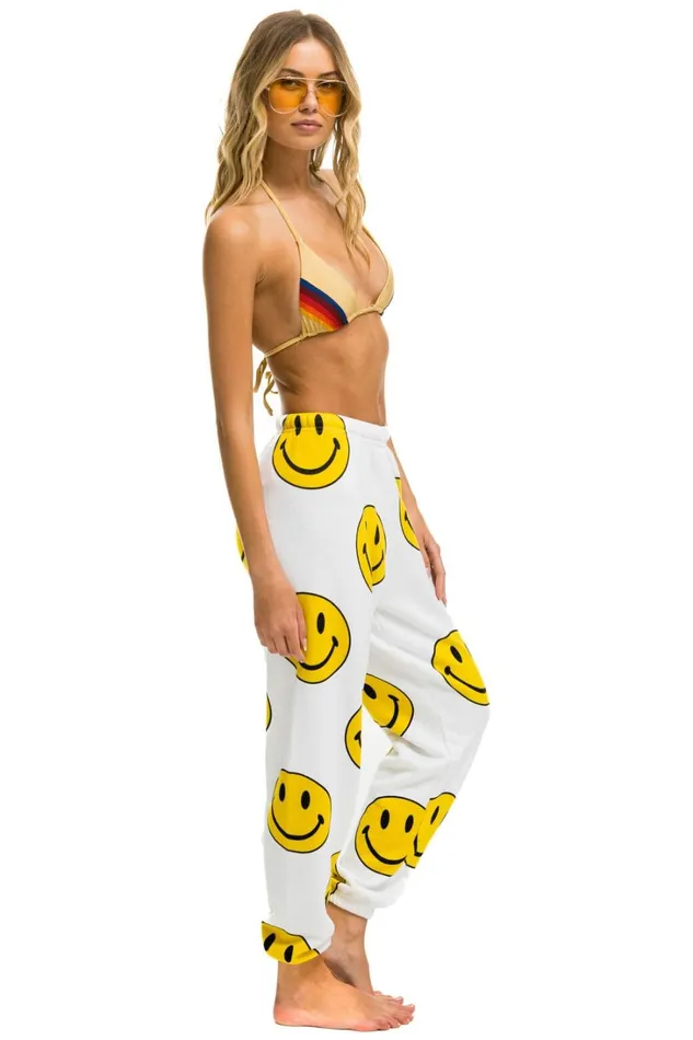 Women Bottoms Aviator Nation SMILEY REPEAT SWEATPANTS 8211 WHITE Women Bottoms Aviator Nation SMILEY REPEAT SWEATPANTS 8211 WHITE