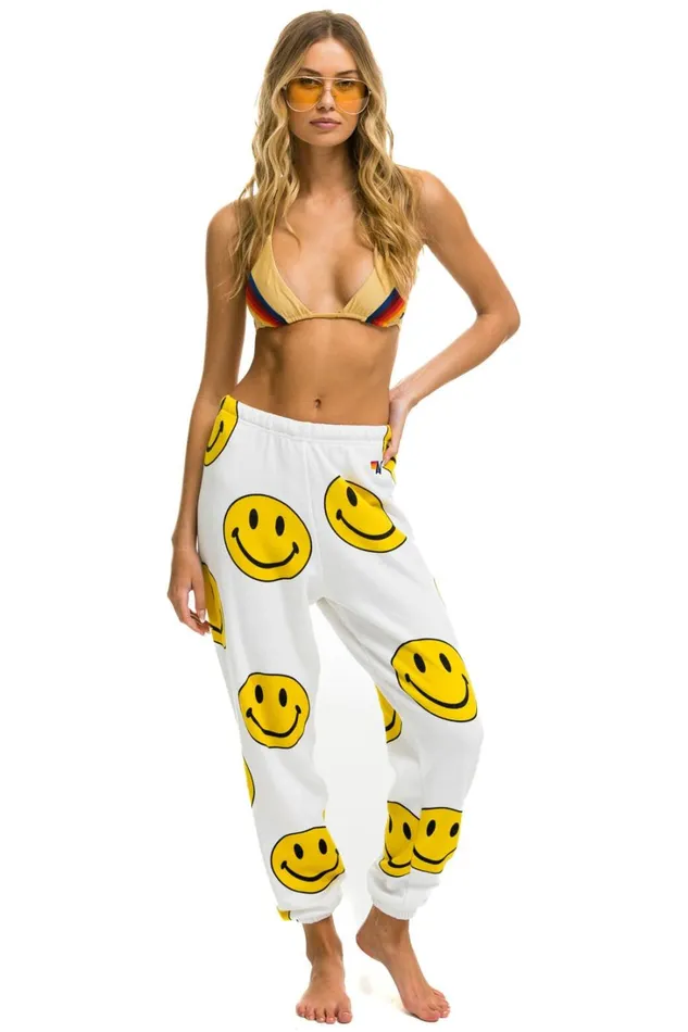 Women Bottoms Aviator Nation SMILEY REPEAT SWEATPANTS 8211 WHITE Women Bottoms Aviator Nation SMILEY REPEAT SWEATPANTS 8211 WHITE