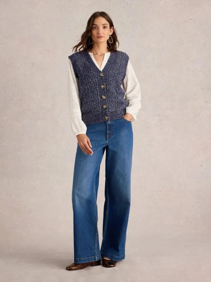 Women CABLE NEP BUTTON THROUGH TANK Navy Multi White Stuff Knitwear