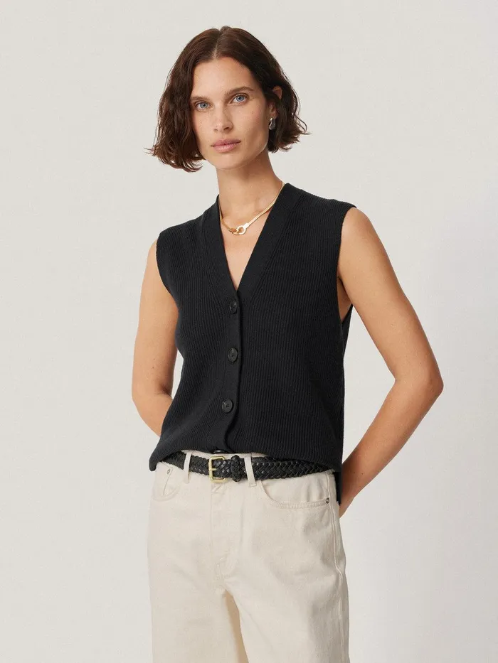 Women Cotton Blend Waistcoat Washed Black Jigsaw Knitwear and Cashmere