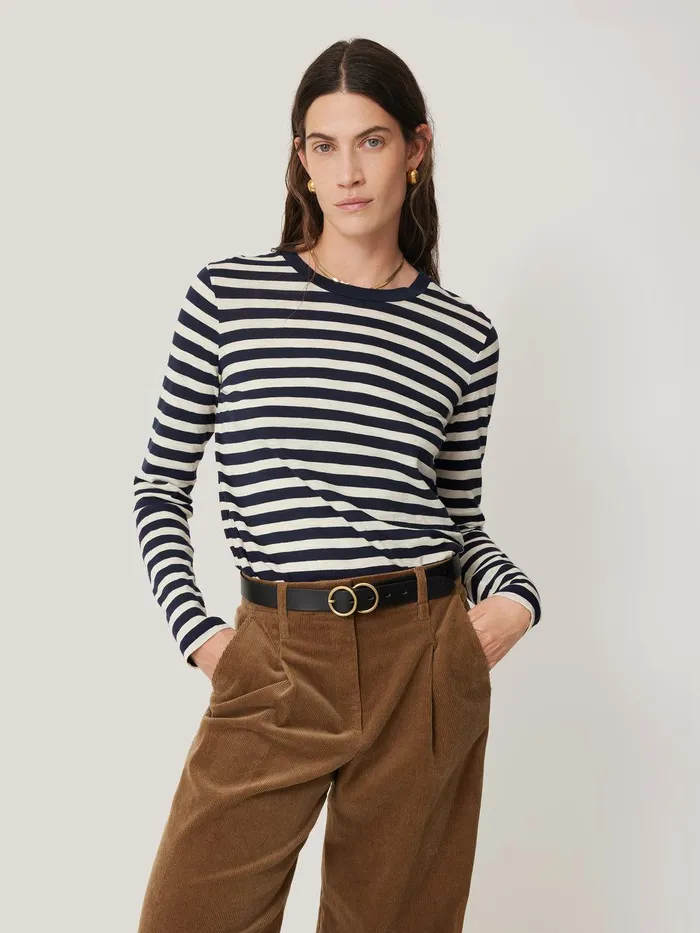 Women Cotton Slub Stripe Long Sleeve Tee Navy Jigsaw Pyjamas and Loungewear