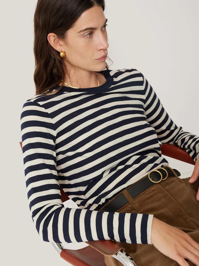 Women Cotton Slub Stripe Long Sleeve Tee Navy Jigsaw Pyjamas and Loungewear