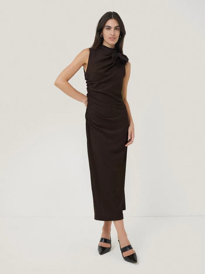 Women Crinkle Ruched Corsage Dress Dark Brown Jigsaw Party