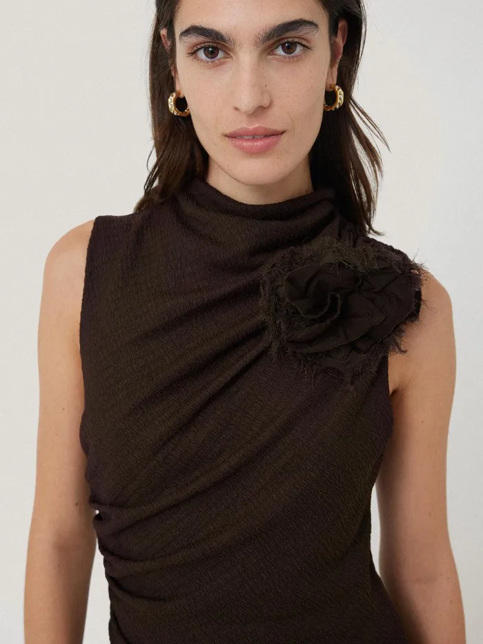 Women Crinkle Ruched Corsage Dress Dark Brown Jigsaw Party