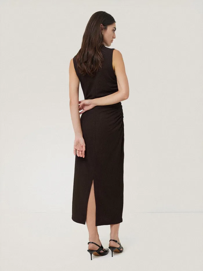 Women Crinkle Ruched Corsage Dress Dark Brown Jigsaw Party