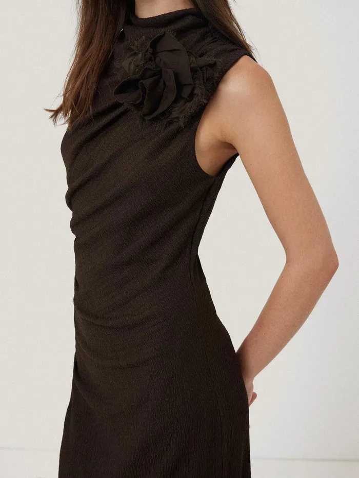 Women Crinkle Ruched Corsage Dress Dark Brown Jigsaw Party