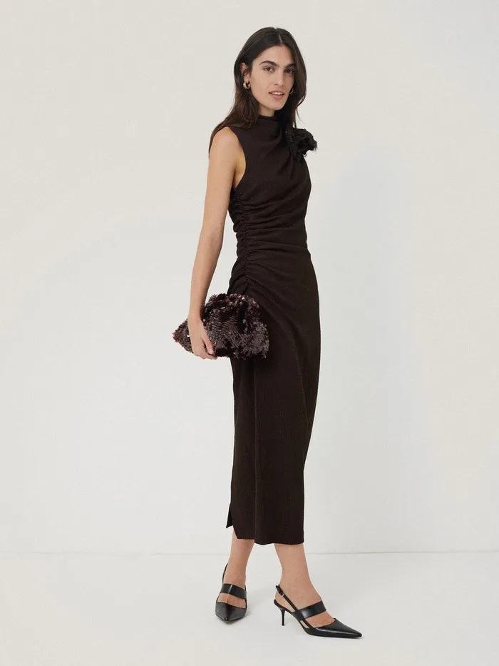 Women Crinkle Ruched Corsage Dress Dark Brown Jigsaw Party