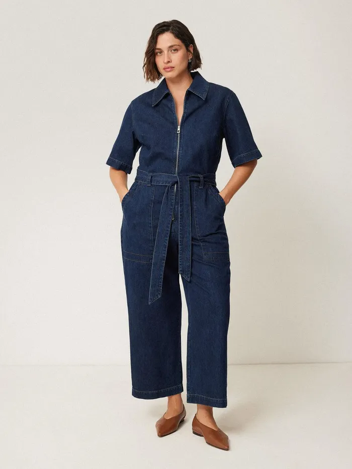 Women Denim Zip Front Jumpsuit Indigo Jigsaw Dresses and Jumpsuits