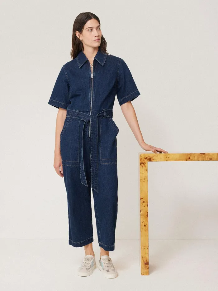 Women Denim Zip Front Jumpsuit Indigo Jigsaw Dresses and Jumpsuits