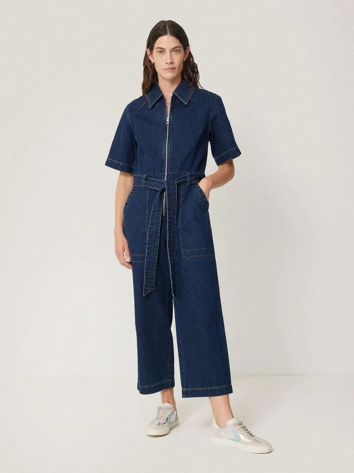 Women Denim Zip Front Jumpsuit Indigo Jigsaw Dresses and Jumpsuits