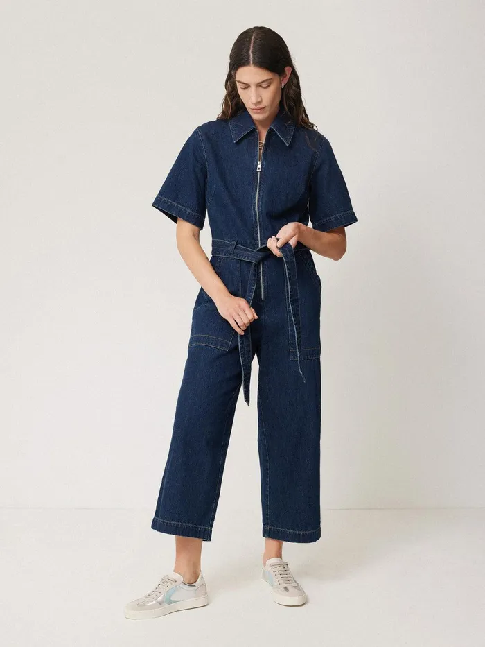 Women Denim Zip Front Jumpsuit Indigo Jigsaw Dresses and Jumpsuits