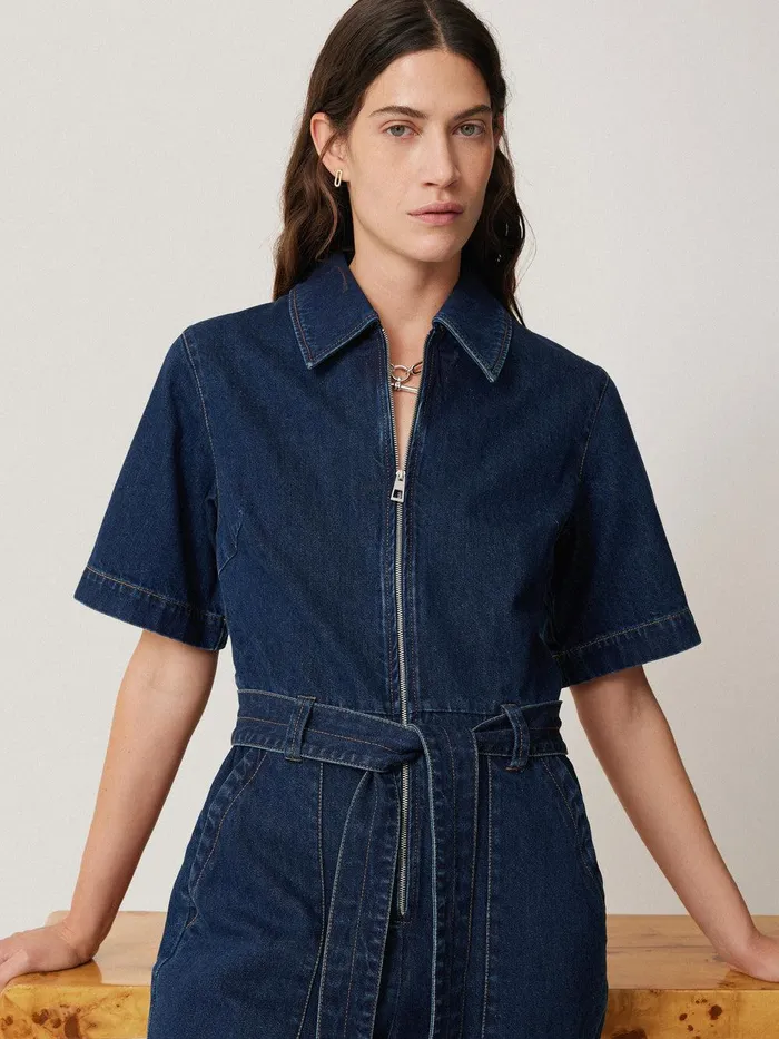 Women Denim Zip Front Jumpsuit Indigo Jigsaw Dresses and Jumpsuits