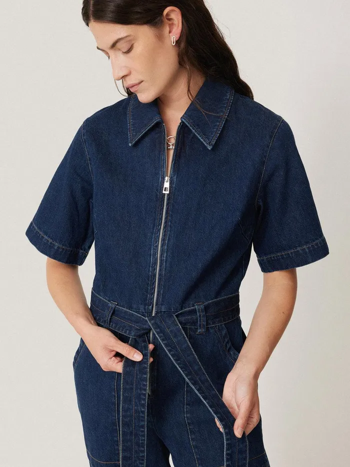 Women Denim Zip Front Jumpsuit Indigo Jigsaw Dresses and Jumpsuits