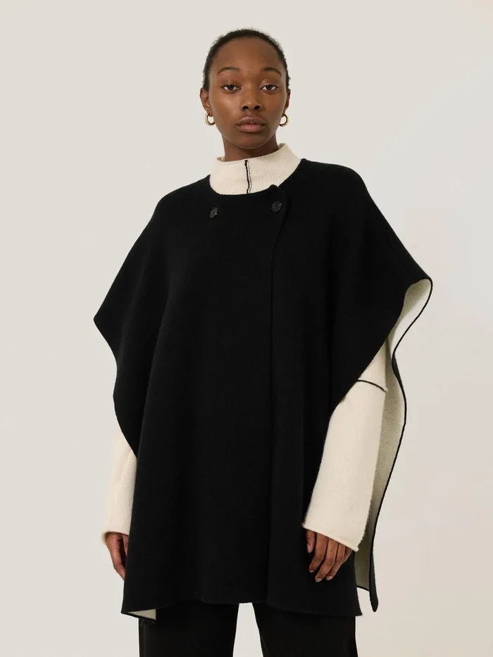 Women Double Faced Contrast Cape Black Jigsaw Knitwear and Cashmere