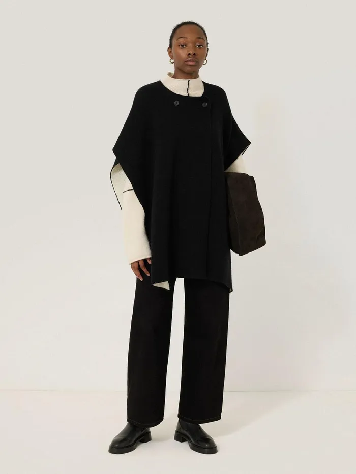 Women Double Faced Contrast Cape Black Jigsaw Knitwear and Cashmere