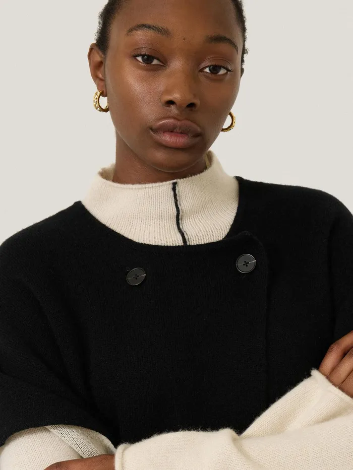 Women Double Faced Contrast Cape Black Jigsaw Knitwear and Cashmere