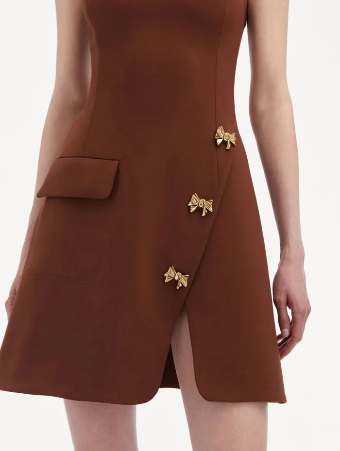 Women Dresses Oscar De La Renta Bow Button Split Skirt Dress Cocoa Women Dresses Oscar De La Renta Bow Button Split Skirt Dress Cocoa