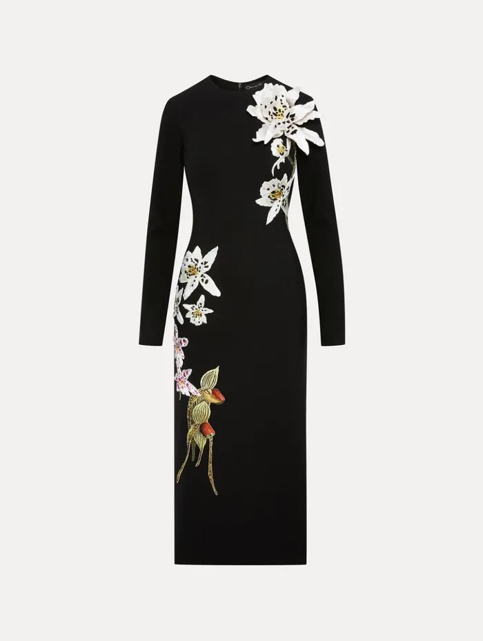 Women Dresses Oscar De La Renta Crystal Orchid Threadwork Dress Black