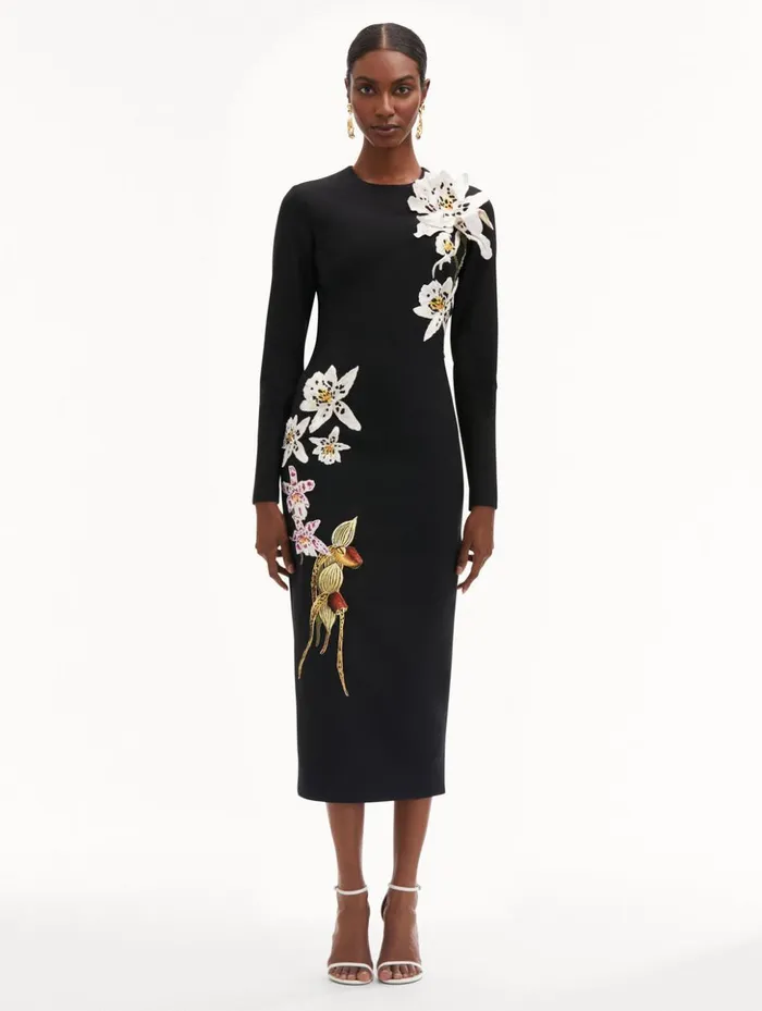 Women Dresses Oscar De La Renta Crystal Orchid Threadwork Dress Black Women Dresses Oscar De La Renta Crystal Orchid Threadwork Dress Black